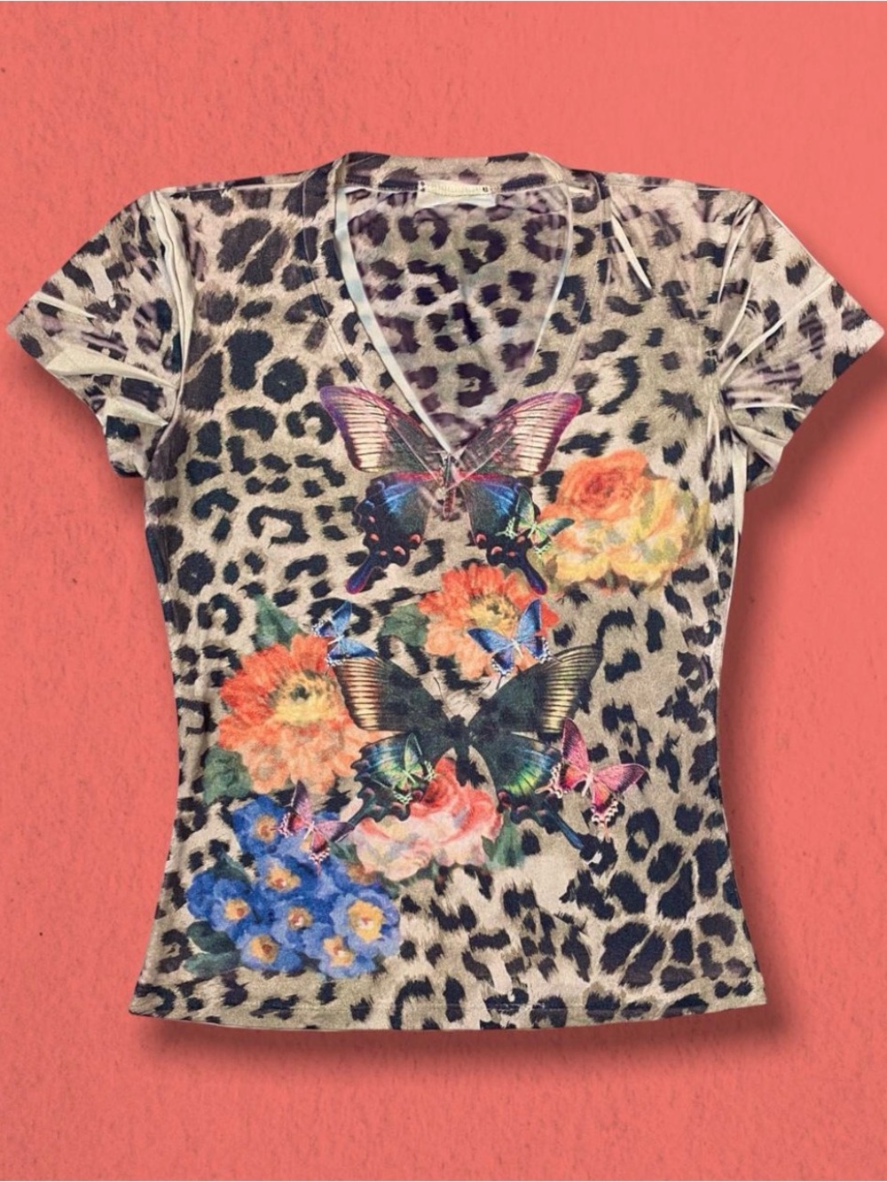 Leopard Print V-Neck Floral & Butterfly Top